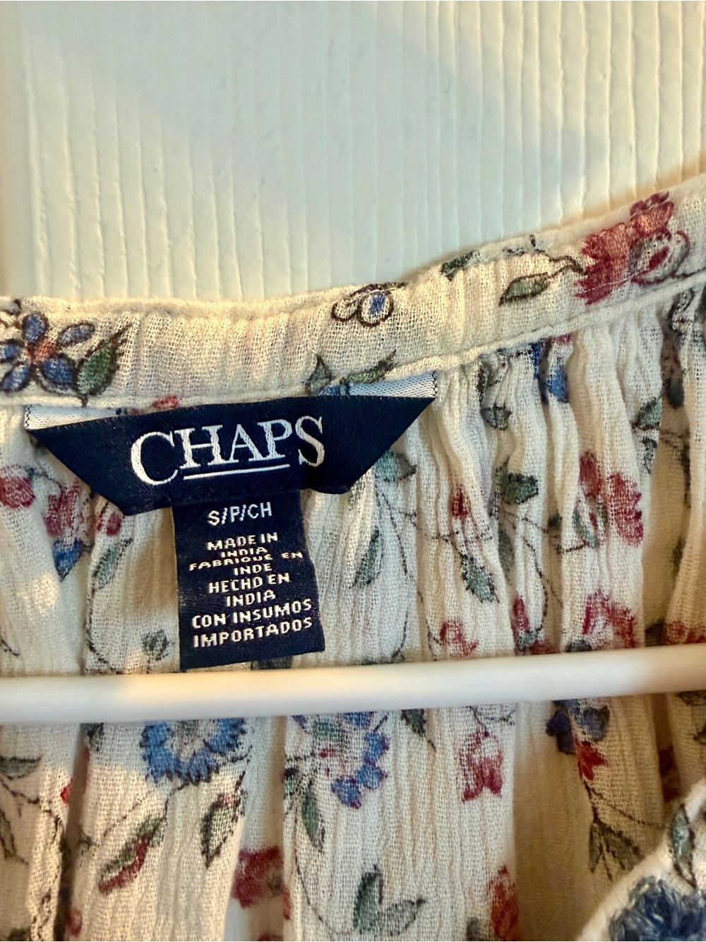 Chaps Cream Floral Peasant Blouse with Blue Trim - Picture 4 of 7